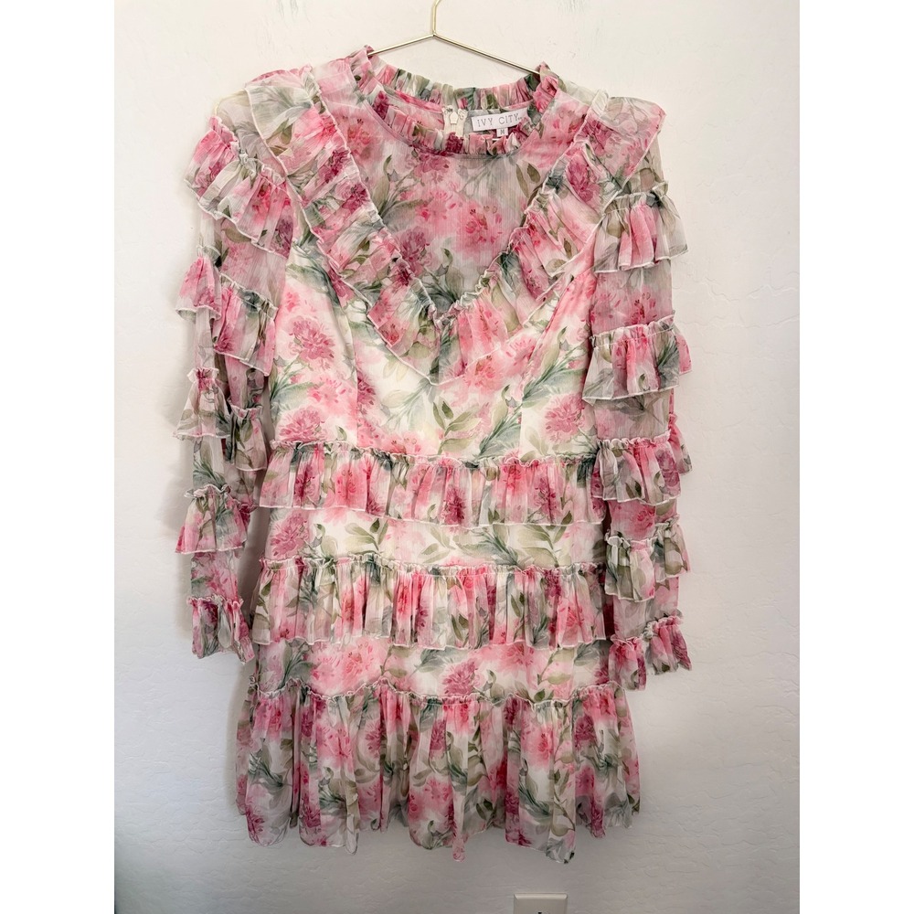 Ivy City Co Pink Floral Ruffle Tiered Chiffon Mini Boho Cowgirl Dress Womens M